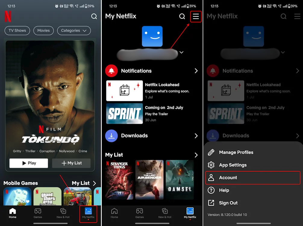 Account panel on Netflix for Android